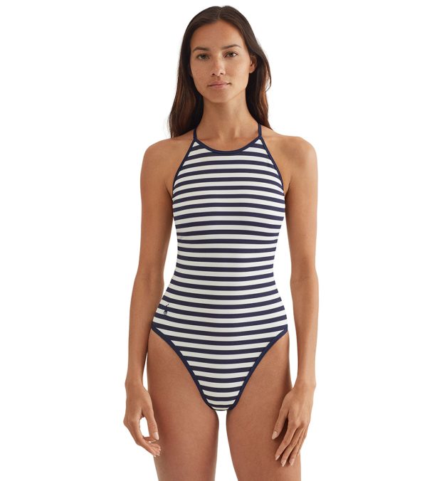 Polo Ralph Lauren Women s Pique Stripe Retro High Neck One Piece Swimsuit Cheap